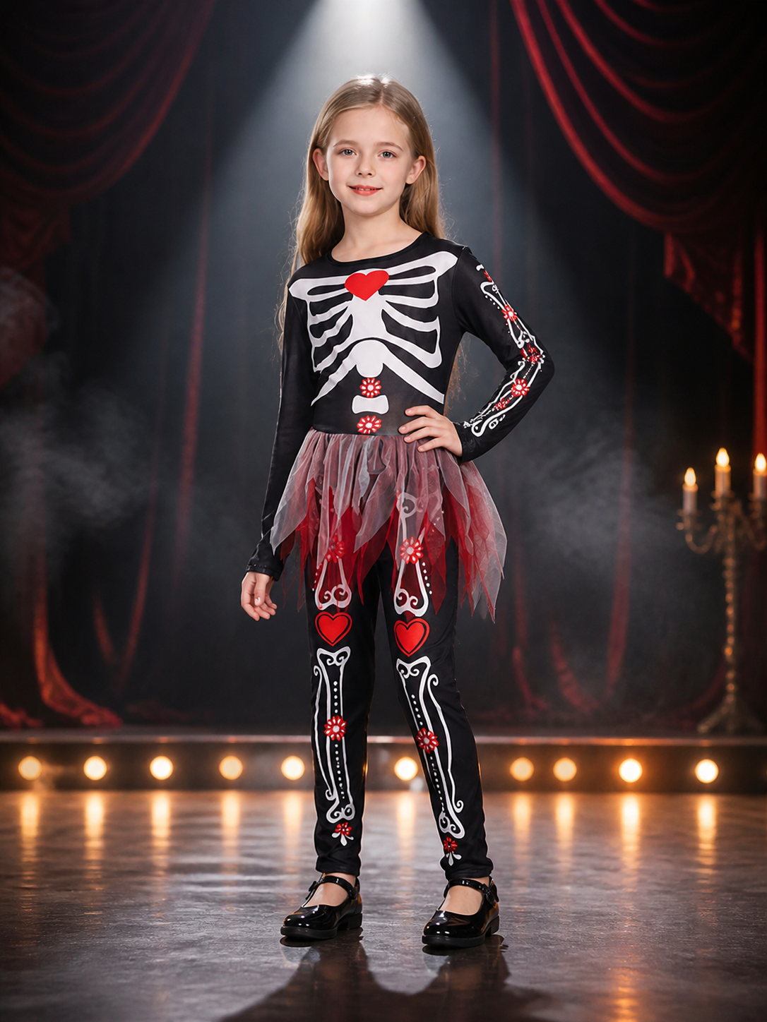Girls Black Skeleton Jumpsuit With Tulle Skirt Halloween Costume Costumes detail 3