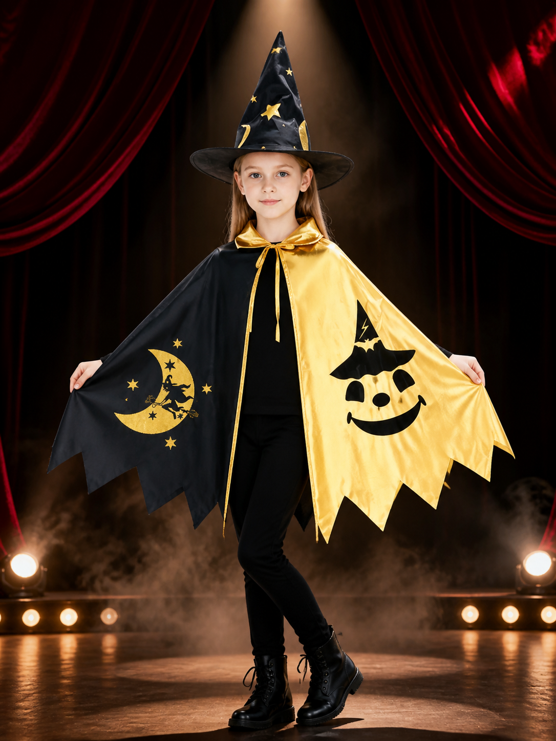 Kids Black and Gold Witch Costume Set with Cape and Pointed Hat, Moon, Bat and Costume Capes detail 3