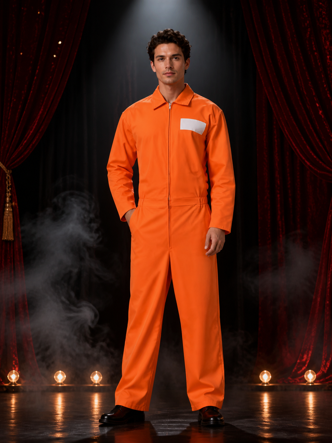 Prison Jumpsuit Costume, Orange Zippered Coveralls with State Prison Print for Costumes detail 3