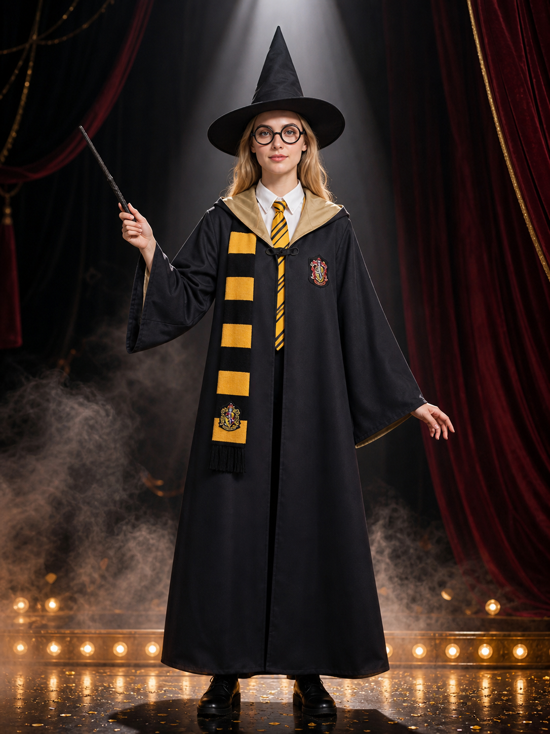 Black and Gold Wizard Costume Set with Hooded Robe, Shirt, Tie, Scarf, Glasses Costumes detail 3