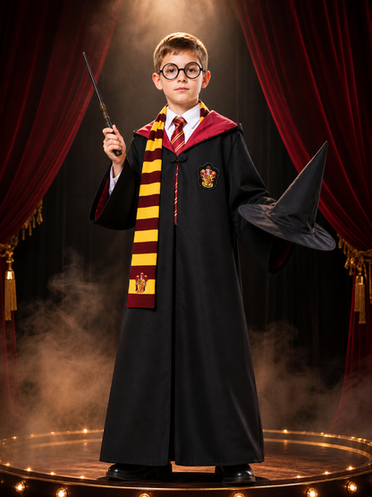 Wizard Magic School Costume Set with Cape, Hat, Scarf, Tie, Glasses, Wand & Costume Capes detail 3
