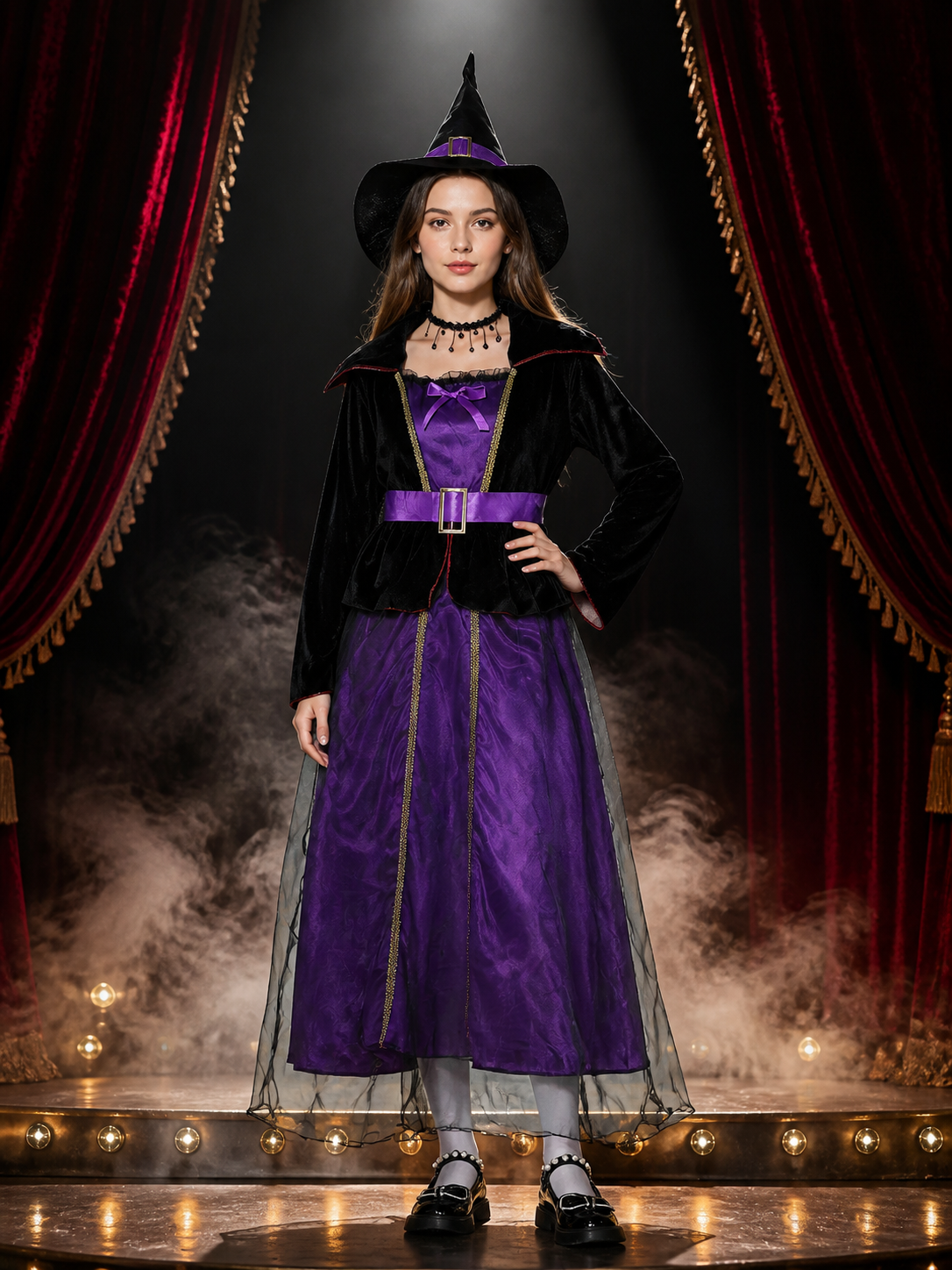 Girls Black Purple Witch Costume Set With Hat, Belt & Necklace For Halloween Costume Headwear detail 3