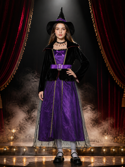 Girls Black Purple Witch Costume Set With Hat, Belt & Necklace For Halloween Costume Headwear detail 3