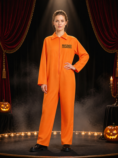 Orange Prisoner Jumpsuit Costume, Long Sleeve Collared Zipper Cosplay Outfit Costumes detail 3