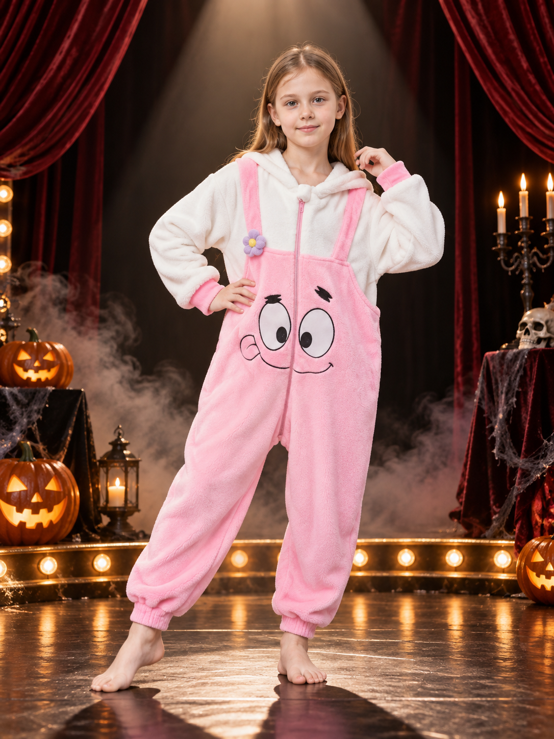 Plush Cartoon Hooded Zip-Up Pajama Jumpsuit