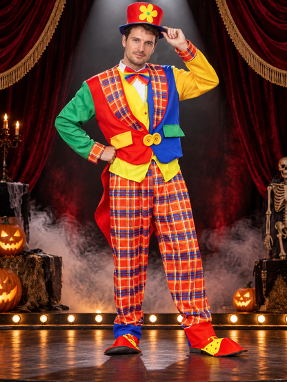 Multicolored Adult Clown Costume with Plaid Pattern