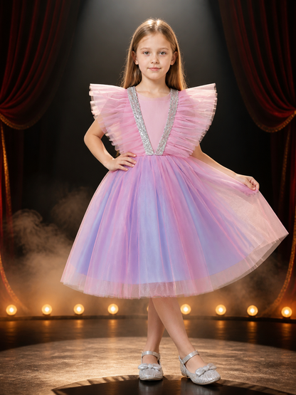 Girls' Gradient Tulle Princess Dress with Layered Skirt and Rhinestone Bow Costume Dresses detail 3