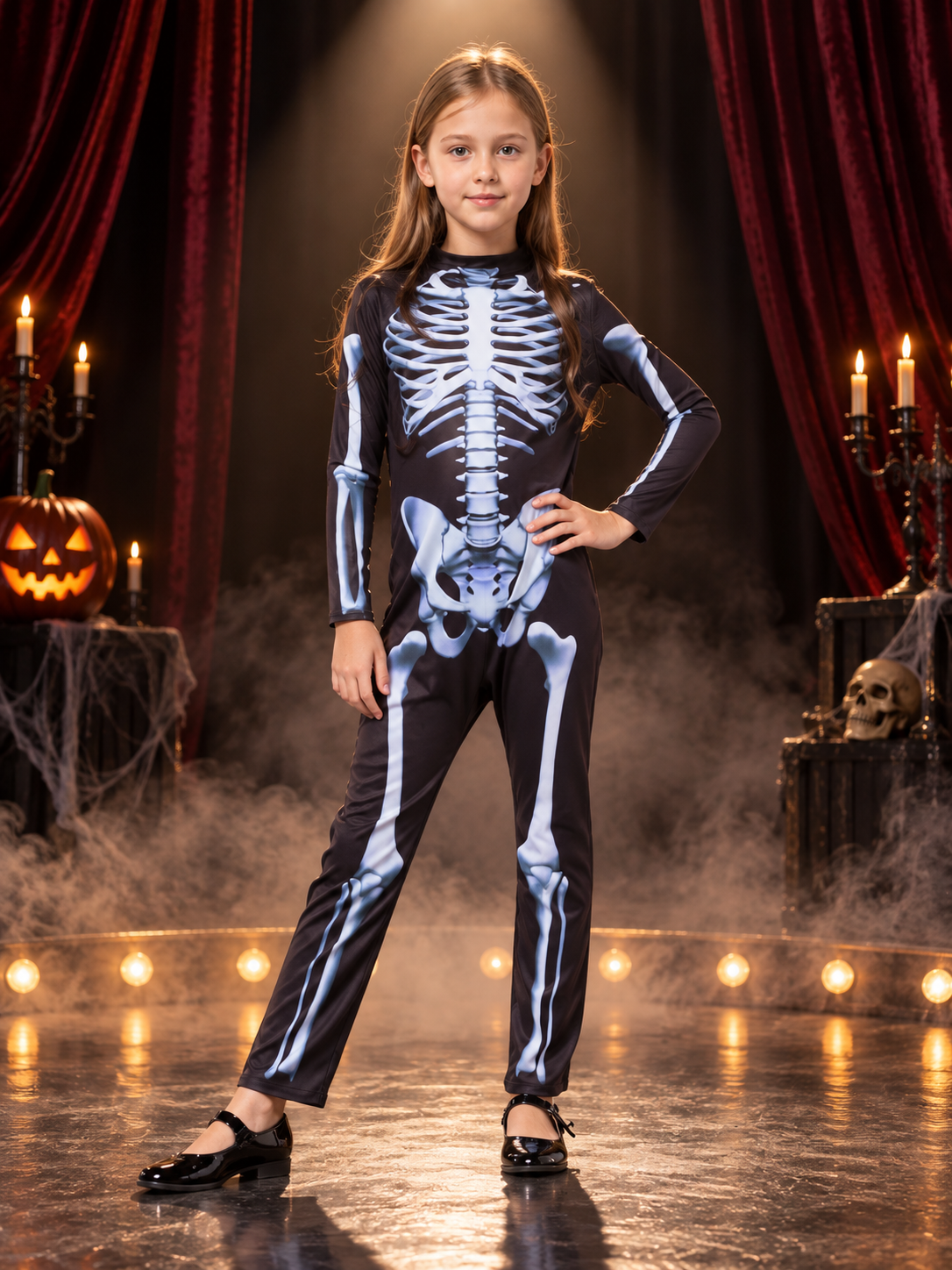 Kids' Skeleton Costume Black Jumpsuit with White Print