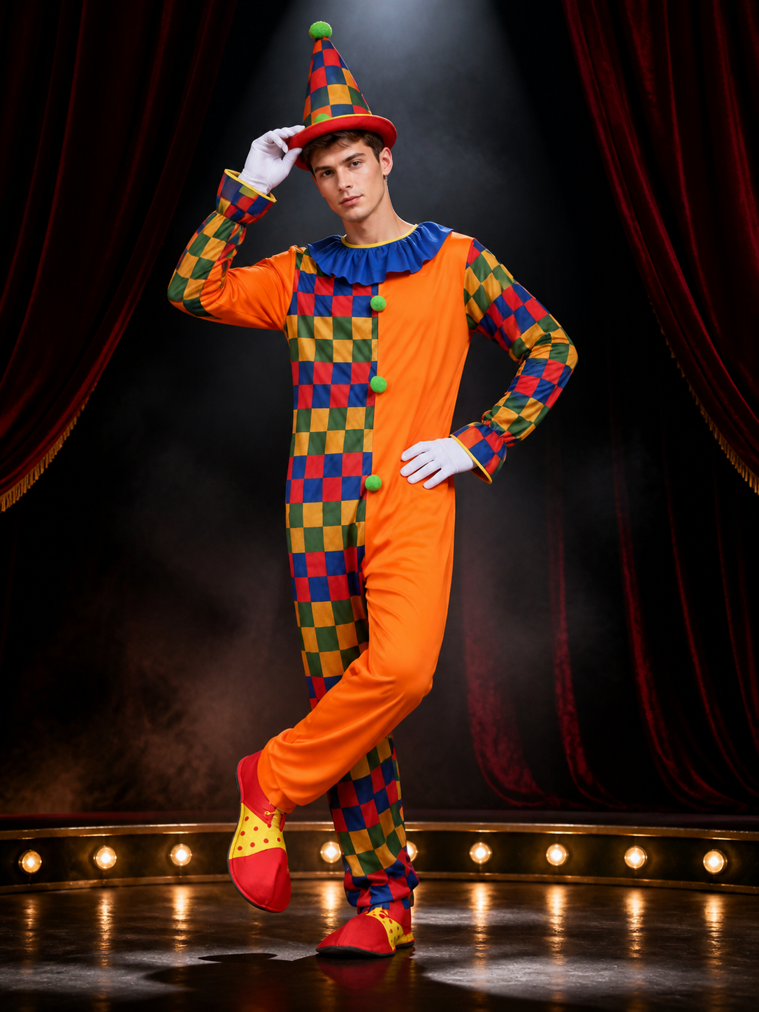 Unisex Adult Jester Costume Jumpsuit, Colorful Checkered with Hat for Halloween Costume Headwear detail 3