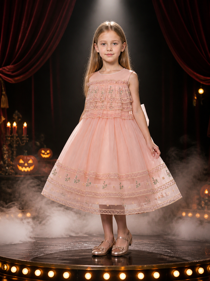 Girls' Pink Princess Party Dress with Floral Pattern and Gold Trim Costume Dresses detail 3