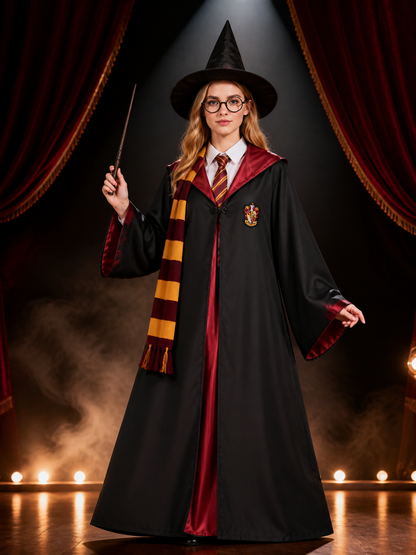 Red and Black Wizard Cosplay Robe Costume Set with Hat, Glasses, Wand, Tie Costume Headwear detail 3