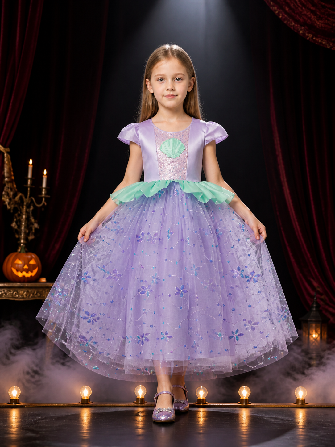 Girls' Mermaid Princess Dress Costume, Sequined Floral Mesh Performance Gown Costume Dresses detail 3