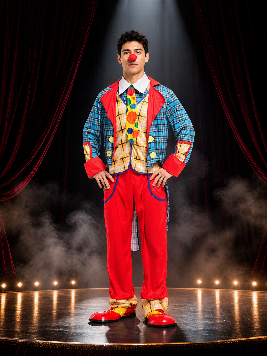 Unisex Clown Halloween Costume Set, Blue Checkered Coat with Red Trim, Matching Costumes detail 3