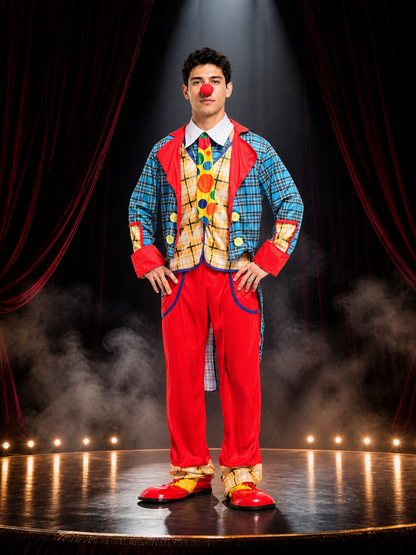 Unisex Clown Halloween Costume Set, Blue Checkered Coat with Red Trim, Matching Costumes detail 3