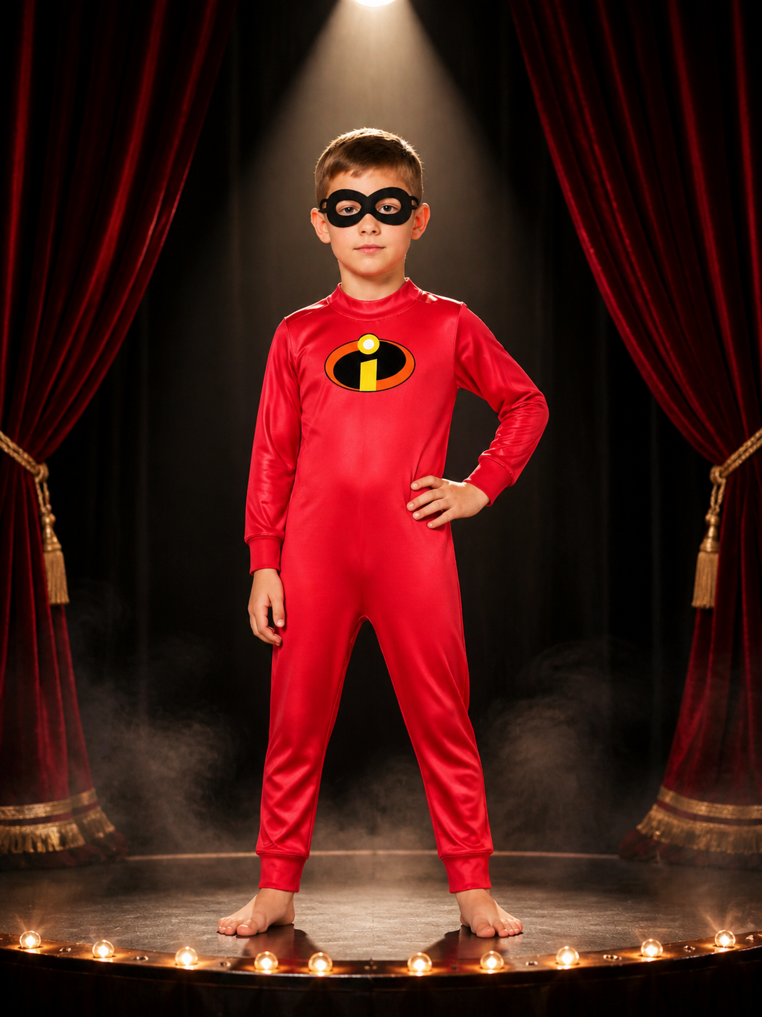 Kids Superhero Costume Set, Red Long Sleeve Jumpsuit with Black Eye Mask and Costume Masks detail 3