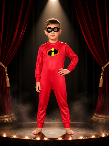 Kids Superhero Costume Set, Red Long Sleeve Jumpsuit with Black Eye Mask and Costume Masks detail 3