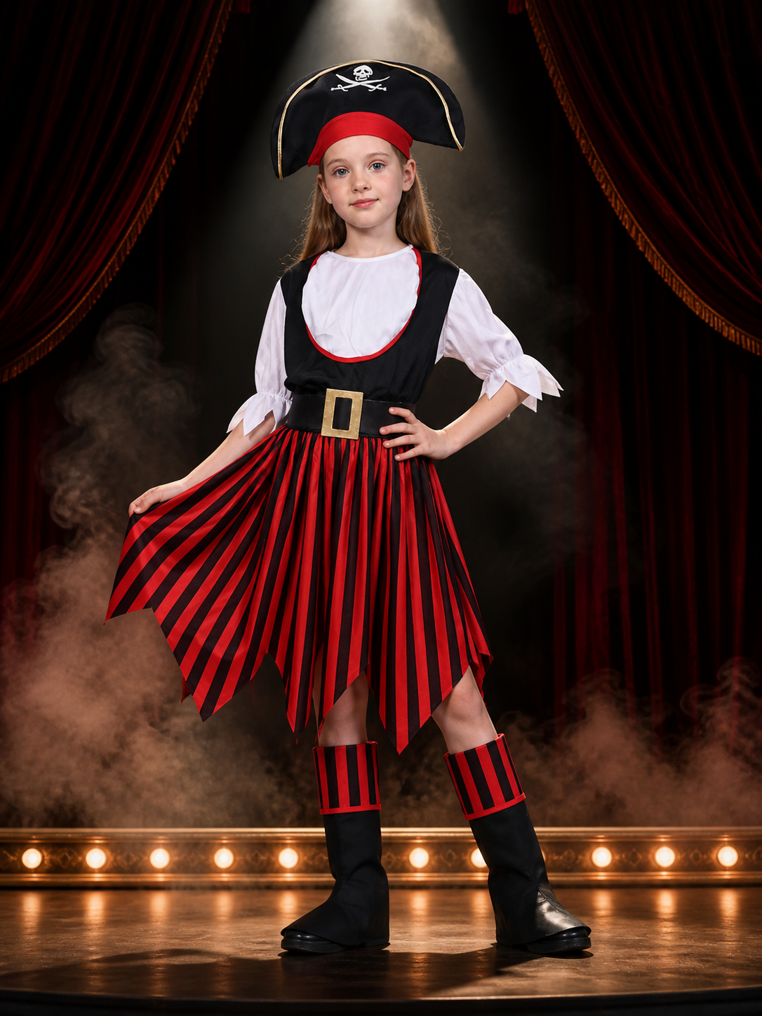 Women's Pirate Costume Set with Skull Print Dress, Tricorn Hat & Boots Costume Dresses detail 3