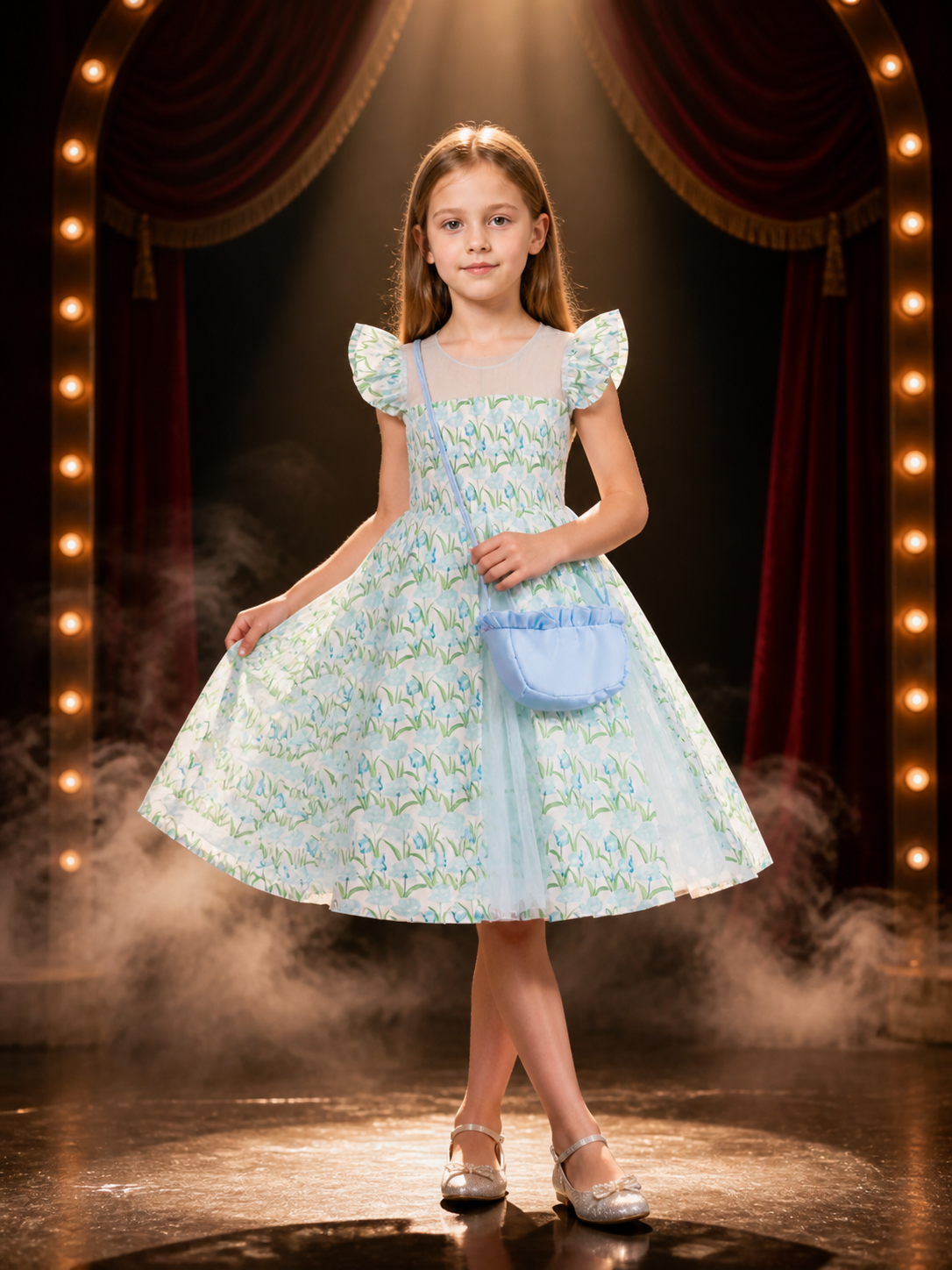 Girls' Blue Floral Princess Dress With Layered Tulle Skirt And Flutter Sleeves Costume Dresses detail 3