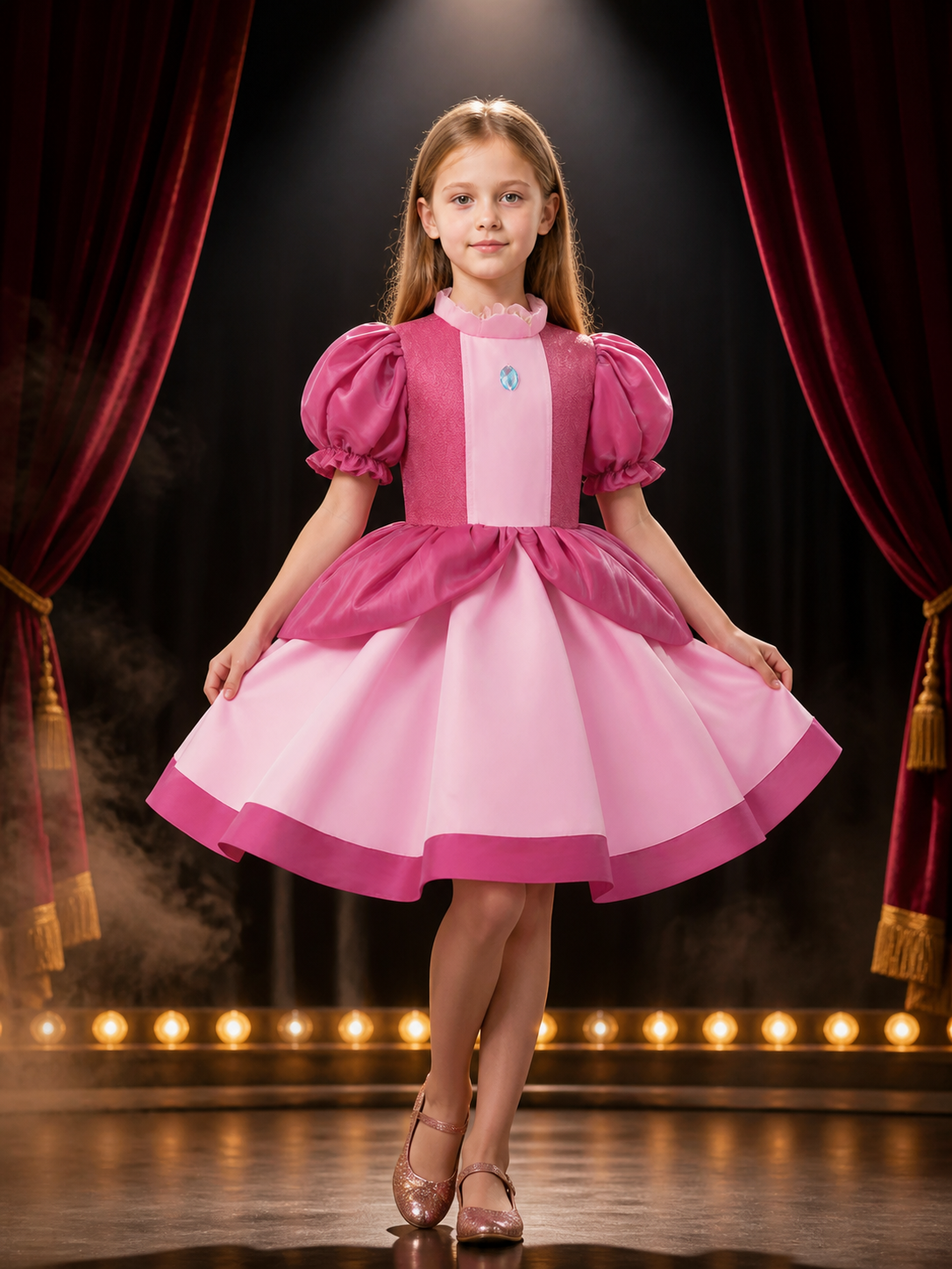 Girls Peach Princess Costume Dress, Puffy Sleeves Ball Gown Halloween Cosplay Costume Dresses detail 3