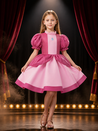 Girls Peach Princess Costume Dress, Puffy Sleeves Ball Gown Halloween Cosplay Costume Dresses detail 3