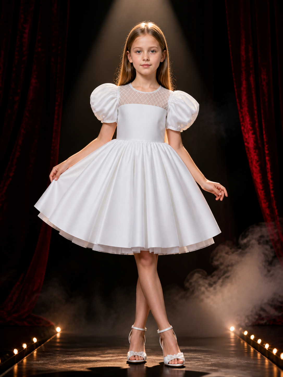 Girls' White Princess Dress With Puff Sleeves And Pleated Full Skirt Costume Dresses detail 3