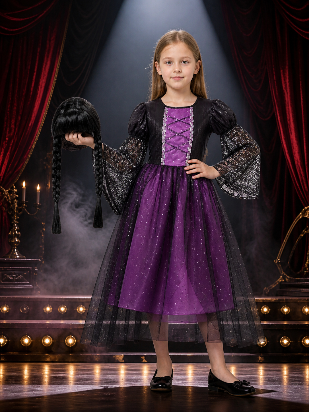 Girls Gothic Witch Vampire Halloween Costume Set - Black Purple Lace Tulle Dress Costume Dresses detail 3