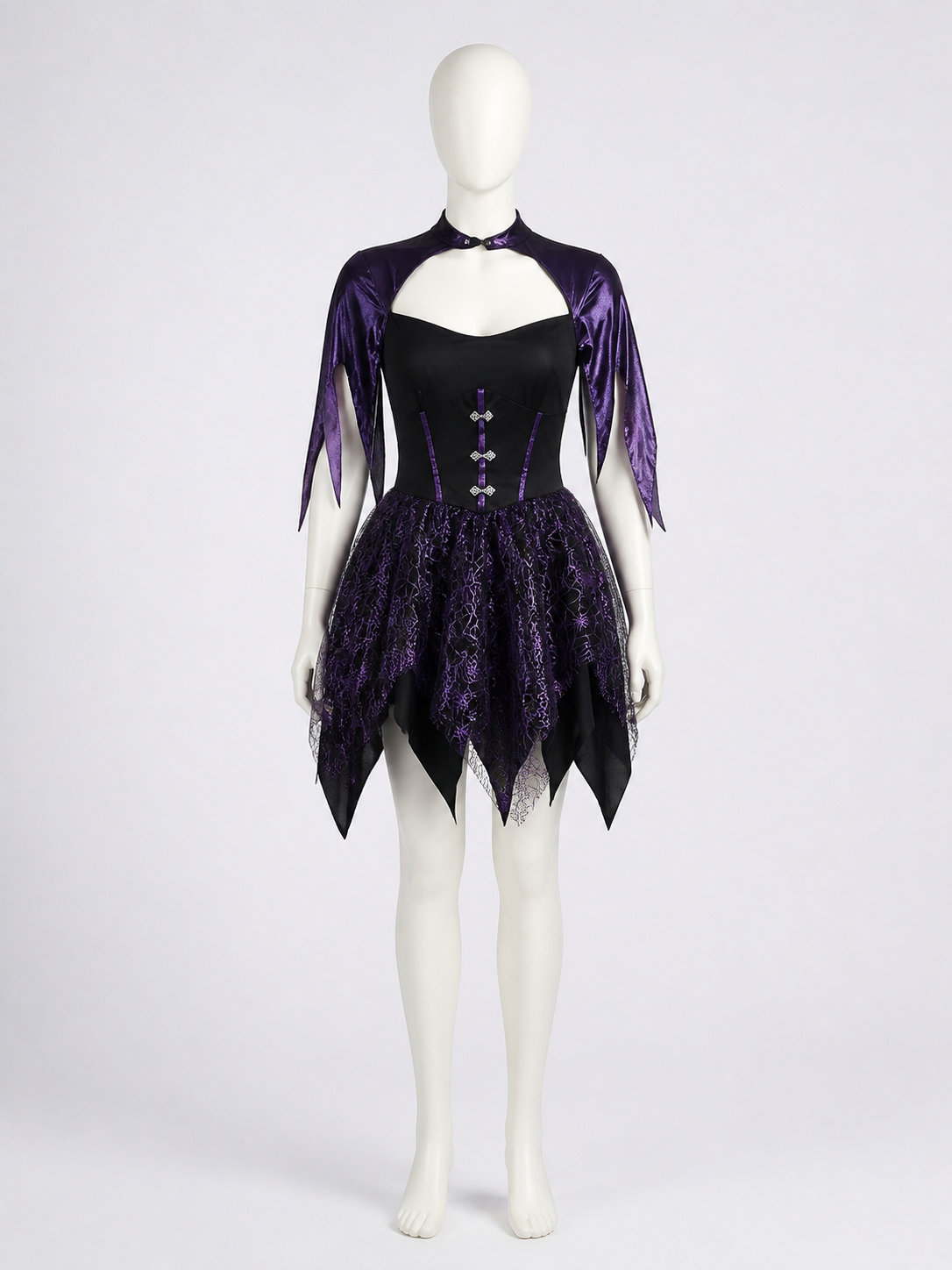 Black And Purple Witch Costume Dress With Spiderweb Print And Asymmetrical Hem Costume Dresses detail 3