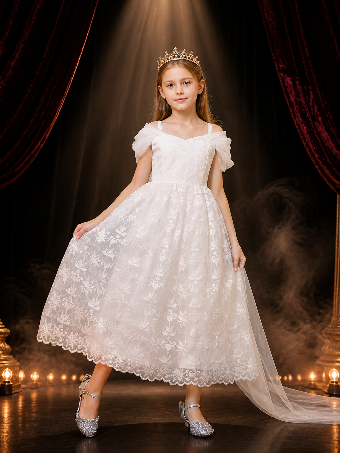 Girls' White Princess Formal Dress with Floral Embroidery and Long Train Costume Dresses detail 3