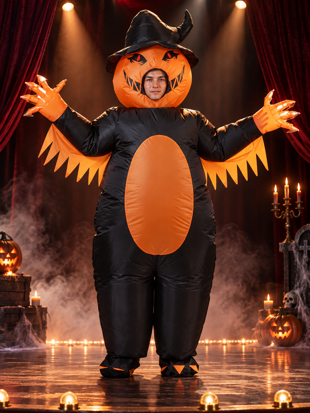 Inflatable Halloween Costume Orange with Pumpkin Head
