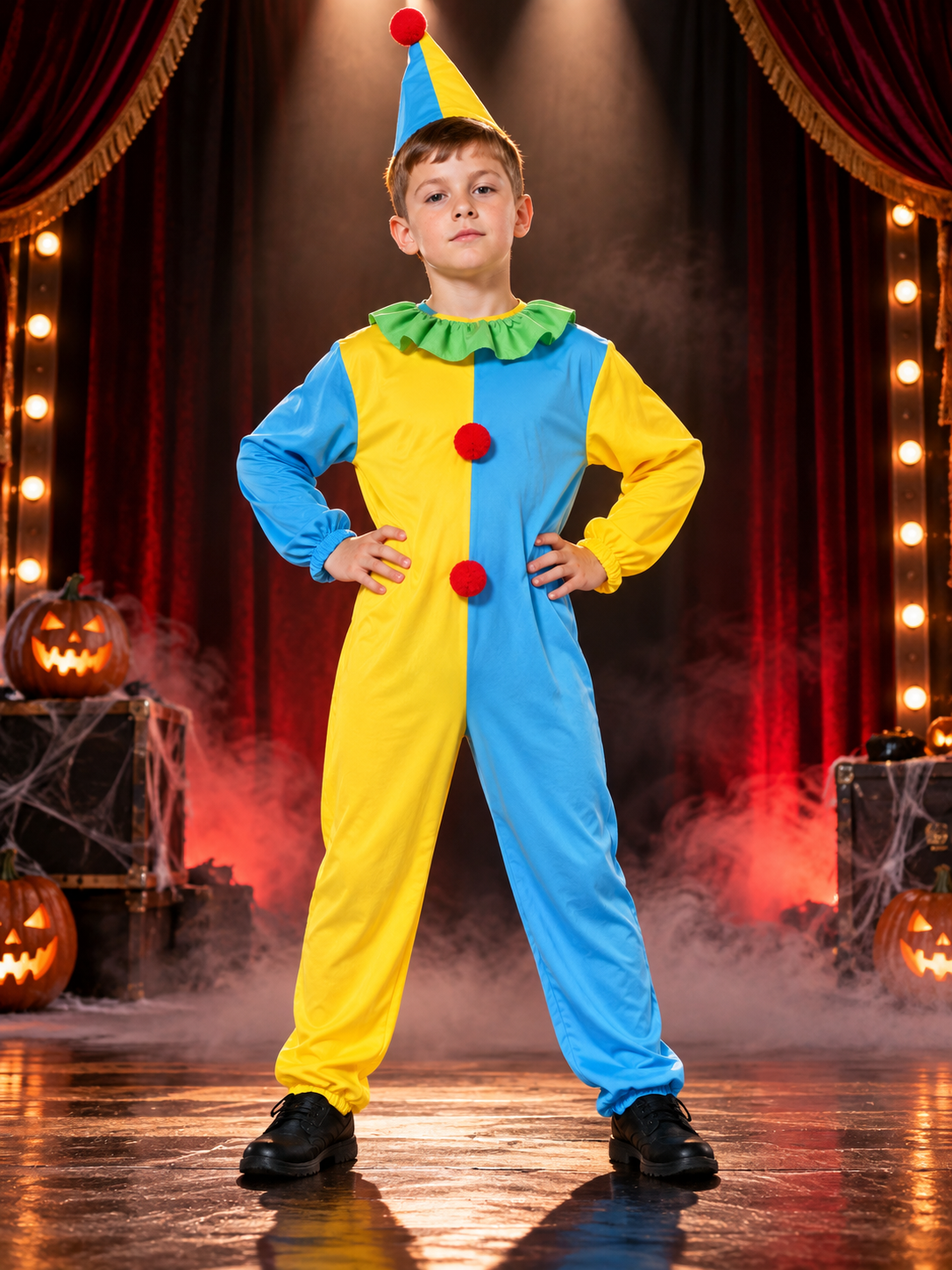 Kids' Clown Costume Blue and Yellow with Hat