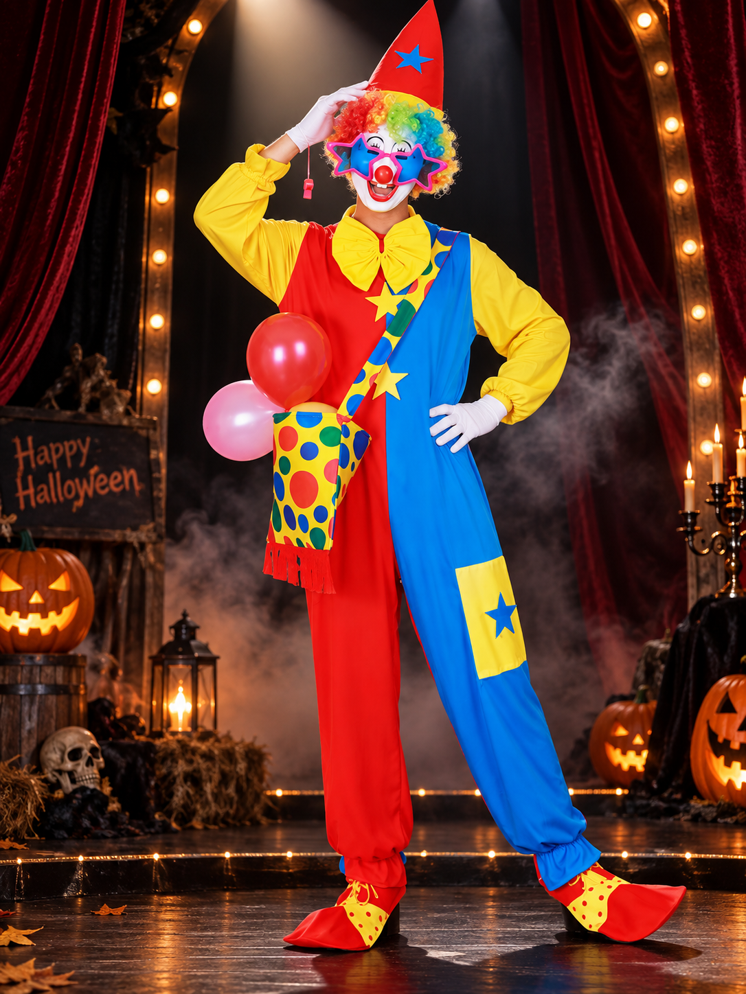 Adult Clown Costume, Red and Blue, with Wig and Mask