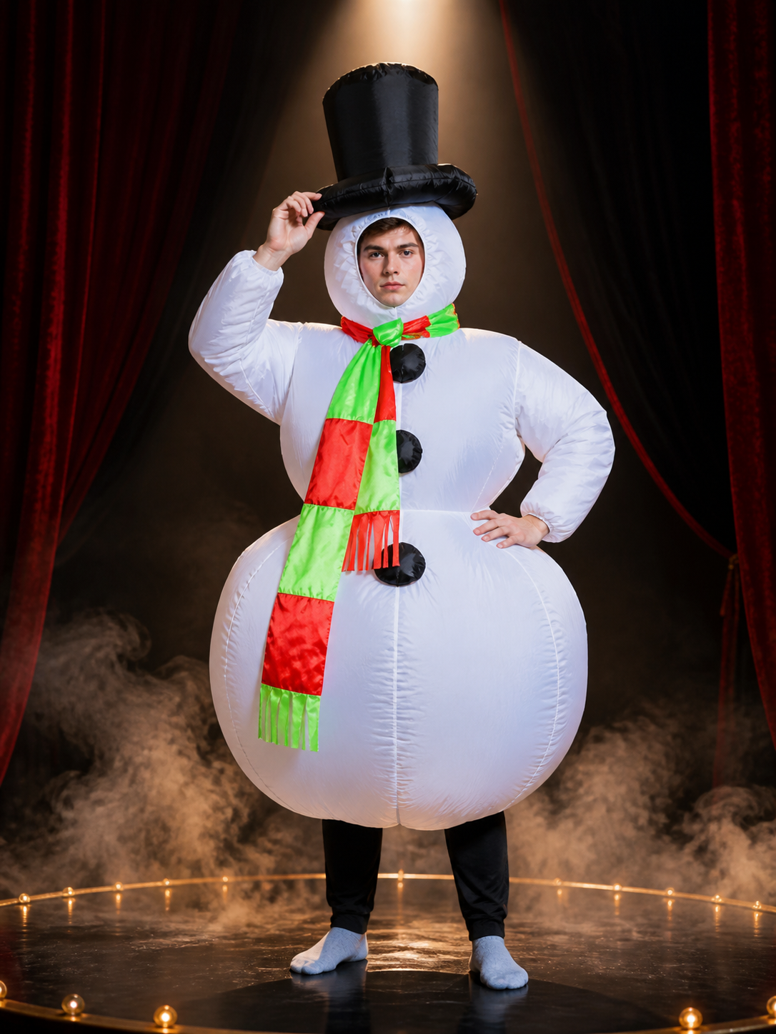 Fluffy Snowman Jumpsuit Costume Set with Hat and Scarf Costume Headwear detail 3