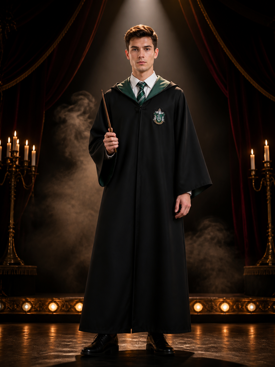 Slytherin Hooded Wizard Robe Costume Set with Striped Tie and Crest Costumes detail 3