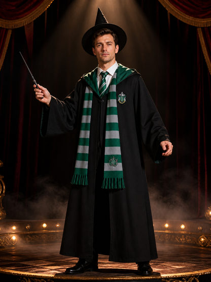 Slytherin Wizard Costume Set with Hooded Robe, Scarf, Tie, Hat, Shirt and Wand Costume Headwear detail 3