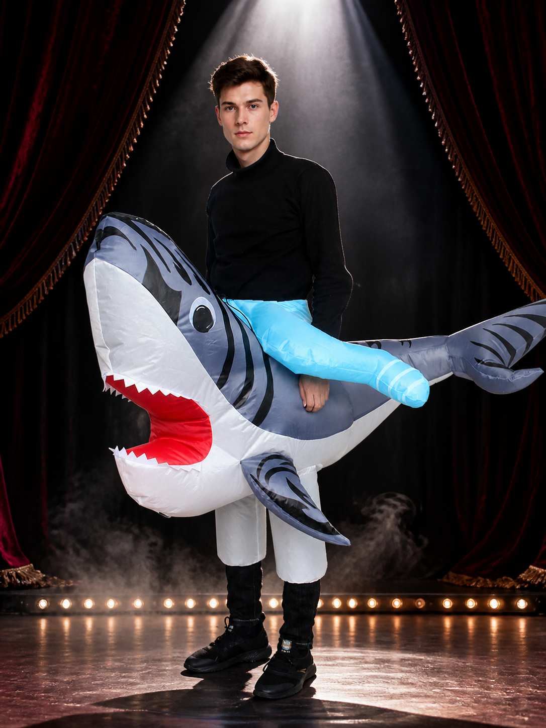 Inflatable Shark Costume for Adults, Funny Halloween Jumpsuit with Tail and Fins Costumes detail 3