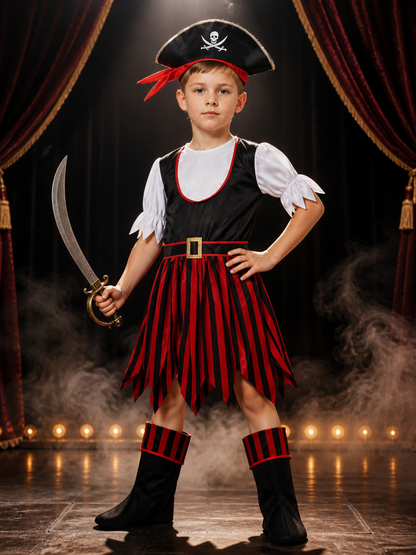 Boys Pirate Halloween Costume Set with Tricorn Hat, Headscarf & Boot Covers Costume Headwear detail 3
