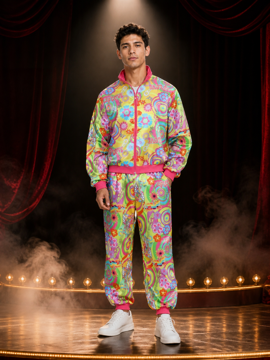 Retro 70s Disco Jumpsuit Costume, Colorful Floral Print, Zip Front, Stand Collar Costumes detail 3