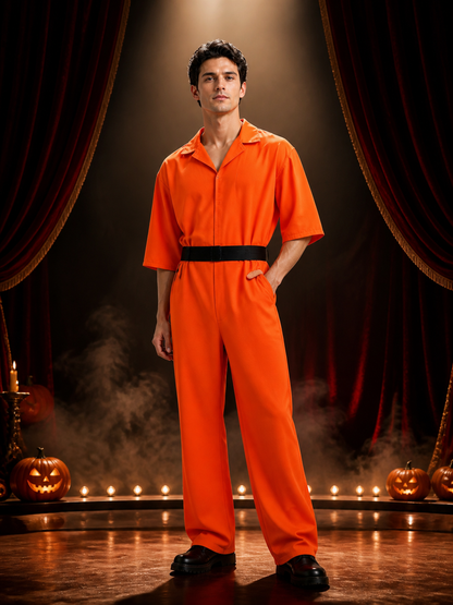 Adult Orange Prisoner Jumpsuit Costume with Detachable Belt for Halloween Costumes detail 3