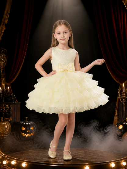 Baby Girls Princess Dress, Sleeveless Layered Tulle Skirt with Bow and Sequin Costume Dresses detail 3