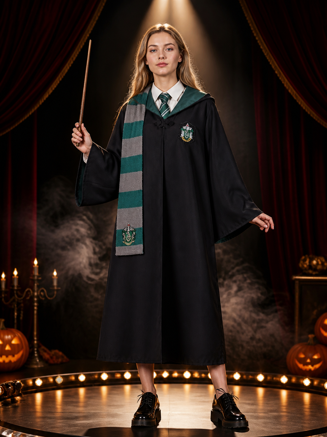 Slytherin Hooded Wizard Robe Costume Set with Tie and Scarf - Green Gray Costumes detail 3