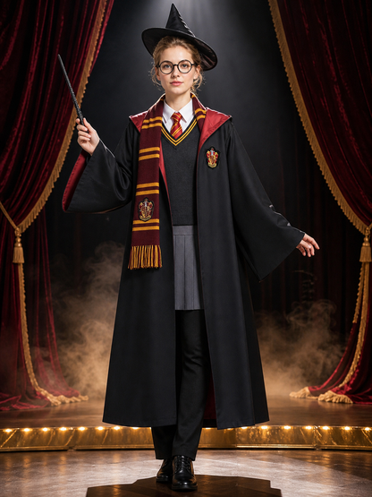Wizard Robe Costume Set with Striped Scarf, Tie, Wand, Glasses, Hat, Shirt Costume Headwear detail 3
