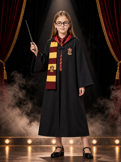 Hooded Black Wizard Robe Costume Set With Scarf, Tie, Wand And Glasses Costume Accessories detail 3