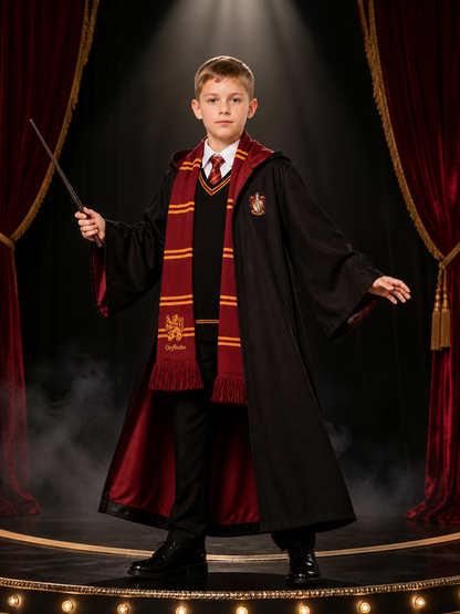 Hooded Wizard Robe Costume Set With Tie, Scarf, Shirt, Vest And Wand Costume Accessories detail 3