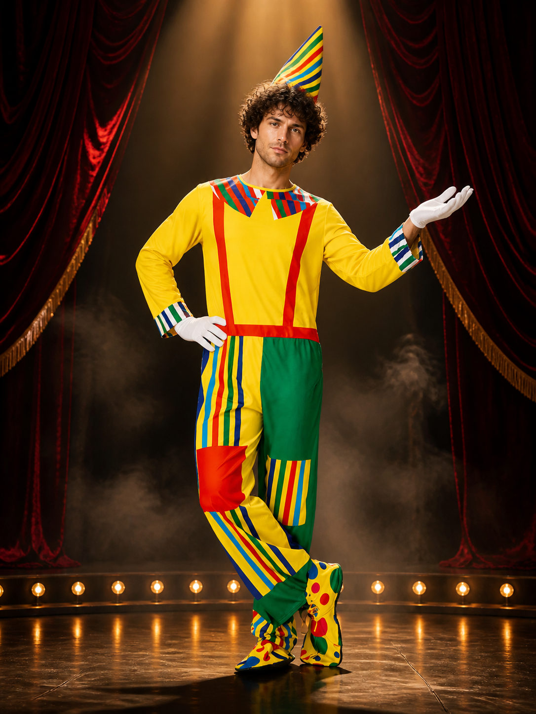 Unisex Clown Costume Set - Multi-Color Striped Jumpsuit with Pointy Hat, Circus Costume Headwear detail 3
