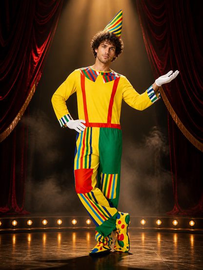 Unisex Clown Costume Set - Multi-Color Striped Jumpsuit with Pointy Hat, Circus Costume Headwear detail 3