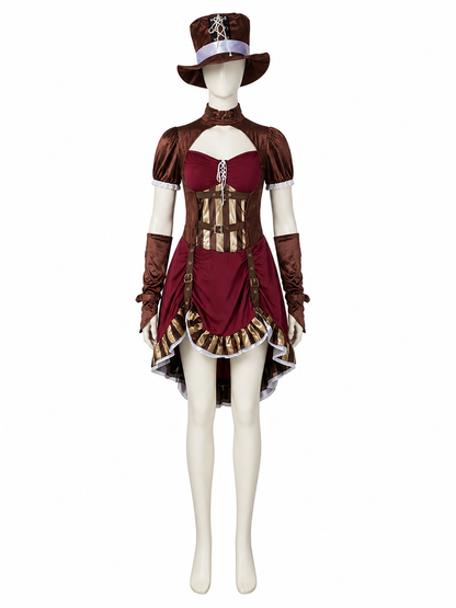 Pirate Costume Set With Dress, Hat And Sleeves, Burgundy And Brown Costume Dresses detail 3