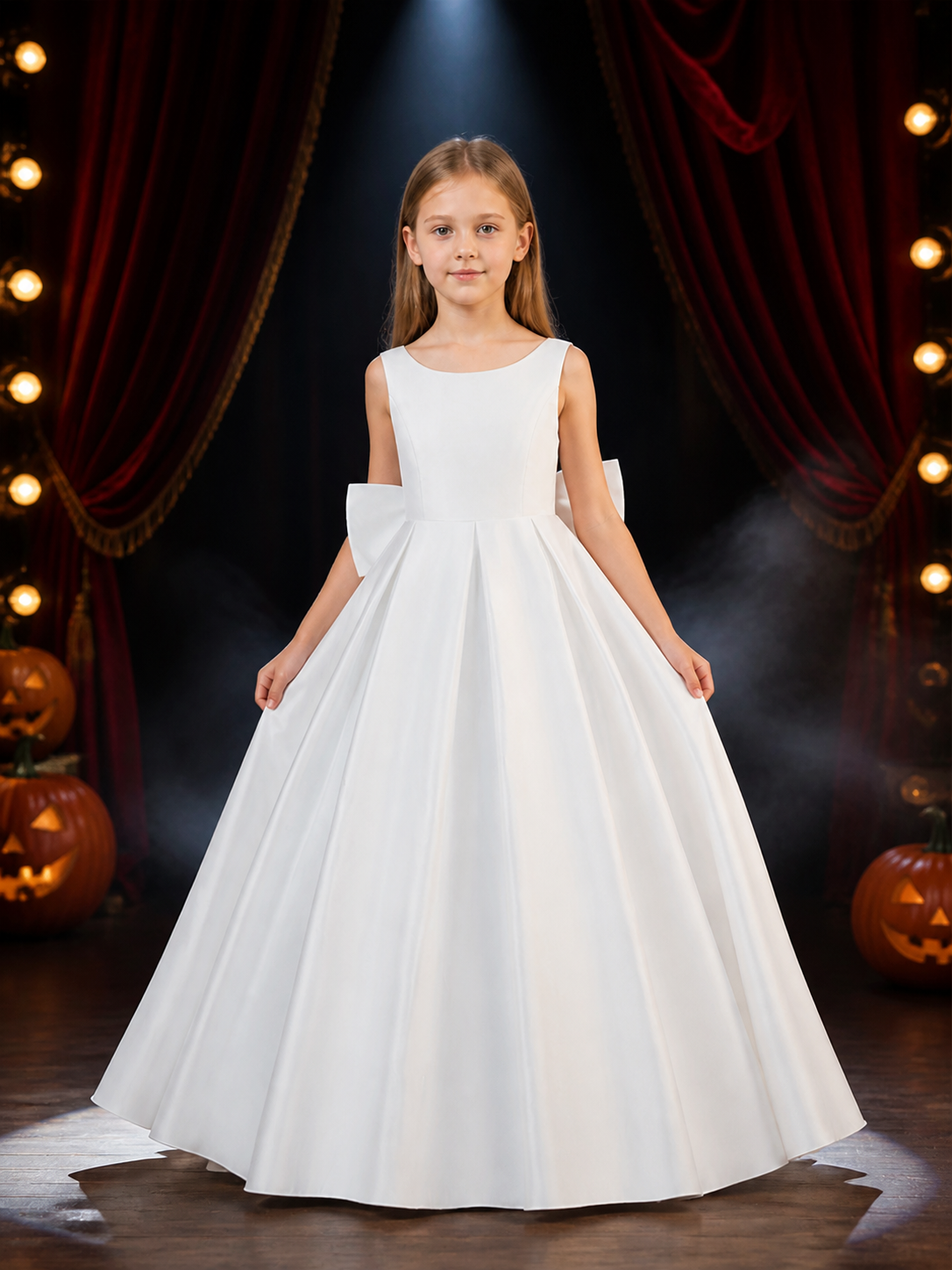 Girls' White Satin Princess Dress, Sleeveless A-Line Long Formal Gown Costume Dresses detail 3