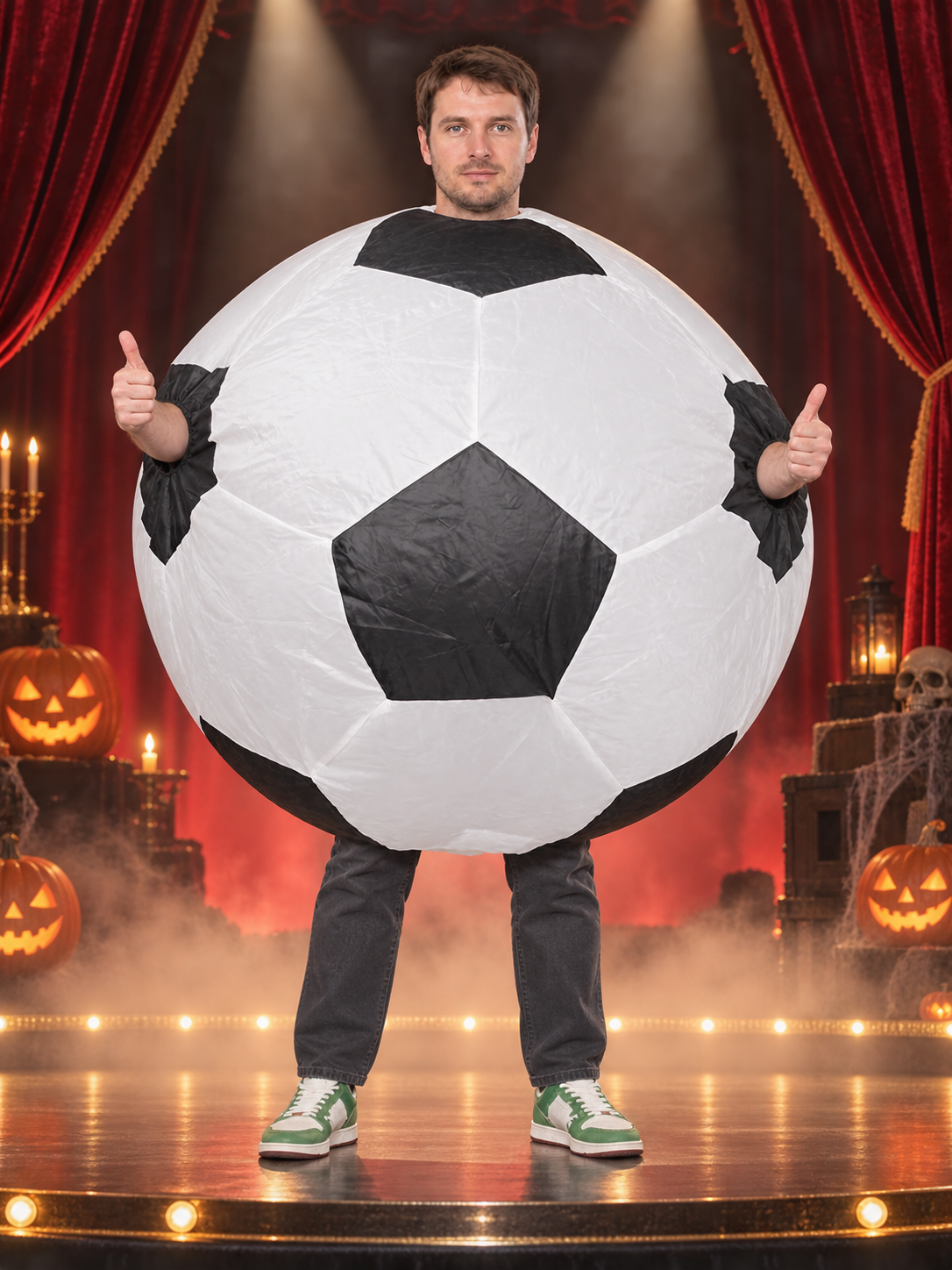 Inflatable carnival costume black and white with a soccer pattern