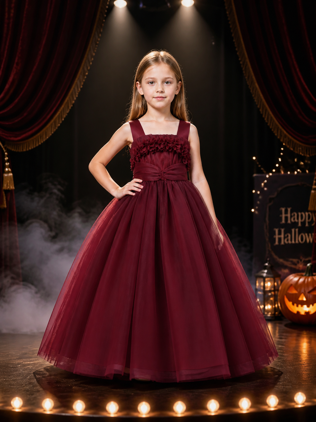 Girls' Burgundy Princess Dress, Floor-Length Tulle Formal Gown with Layered Costume Dresses detail 3