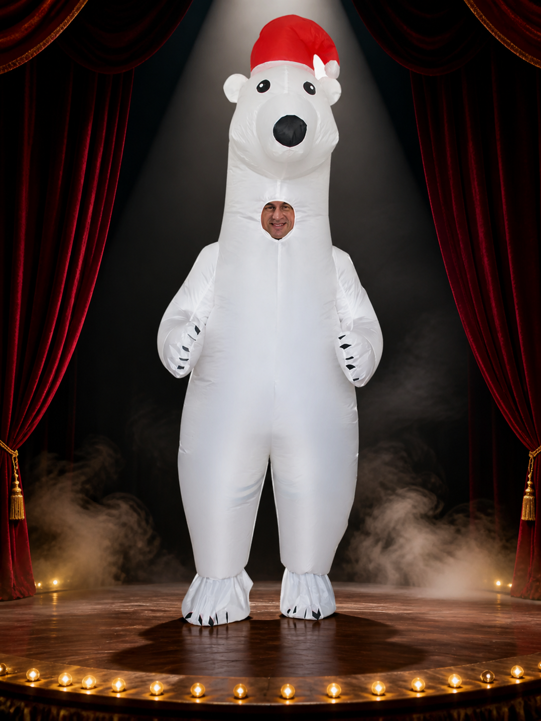 Polar Bear Inflatable Costume with Red Santa Hat and Black Claws for Halloween Costume Headwear detail 3